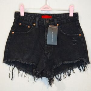 Signature 8 High Rise Distressed Denim Shorts Button Fly Raw Hem Black Small NWT